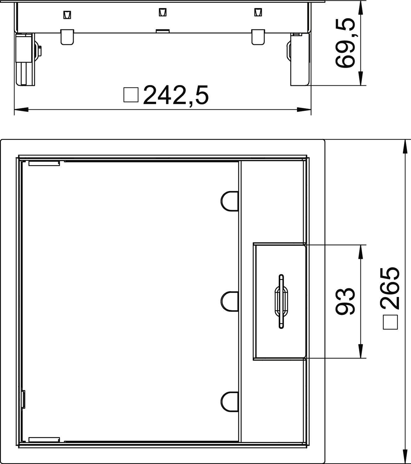 Technische Zeichnung eines Schaltschranks mit Abmessungen: Breite 242,5 mm, Höhe 69,5 mm, Türhöhe 93 mm, Gesamtgröße 265 mm.