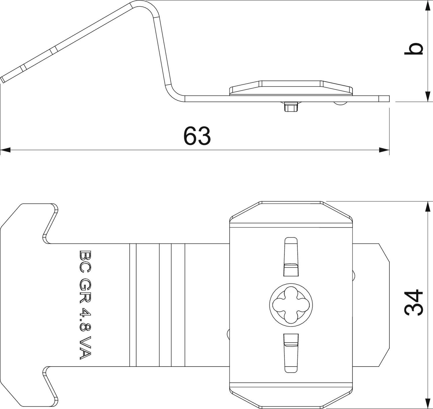 Technische Zeichnung einer Metallklemme, Maße 63 mm x 34 mm, seitliche Ansicht mit Markierungen für Befestigungslöcher.