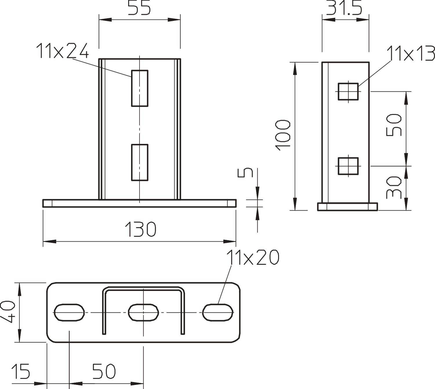 Technische Zeichnung eines Metallteils mit Maßen in Millimetern. Front-, Seiten- und Draufsicht mit Bohrlochpositionen und Abständen.