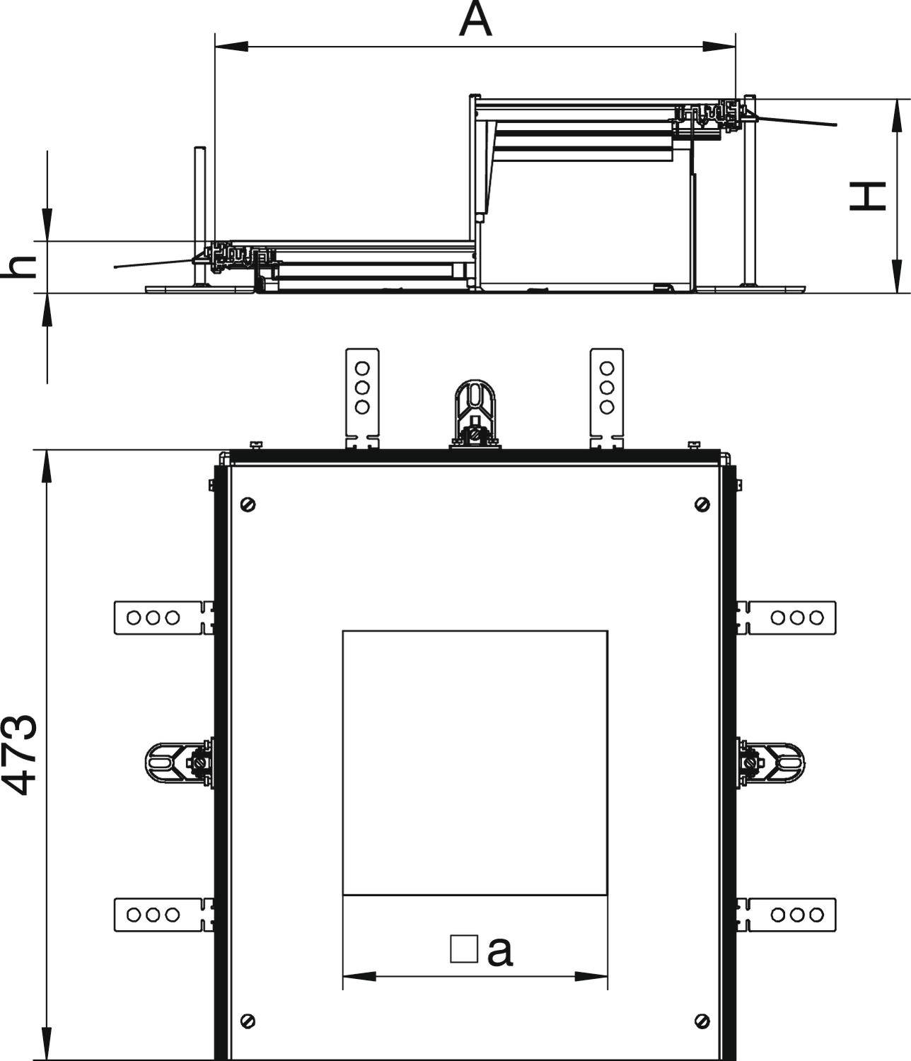 Technische Zeichnung einer mechanischen Vorrichtung mit Maßen. Zeigt verschiedene Ansichten und Dimensionen. Oben Draufsicht, unten Seitenansicht.