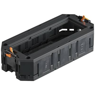 Schwarzer Kunststoffkasten mit rechteckiger Öffnung und orangen Clips an den Ecken, wahrscheinlich zur mechanischen Sicherung.