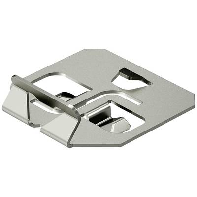 Metallklammer mit vier Aussparungen und angewinkeltem Haltewinkel an einer Seite. Verwendet zur Montage oder Stabilisierung von Werkstücken.