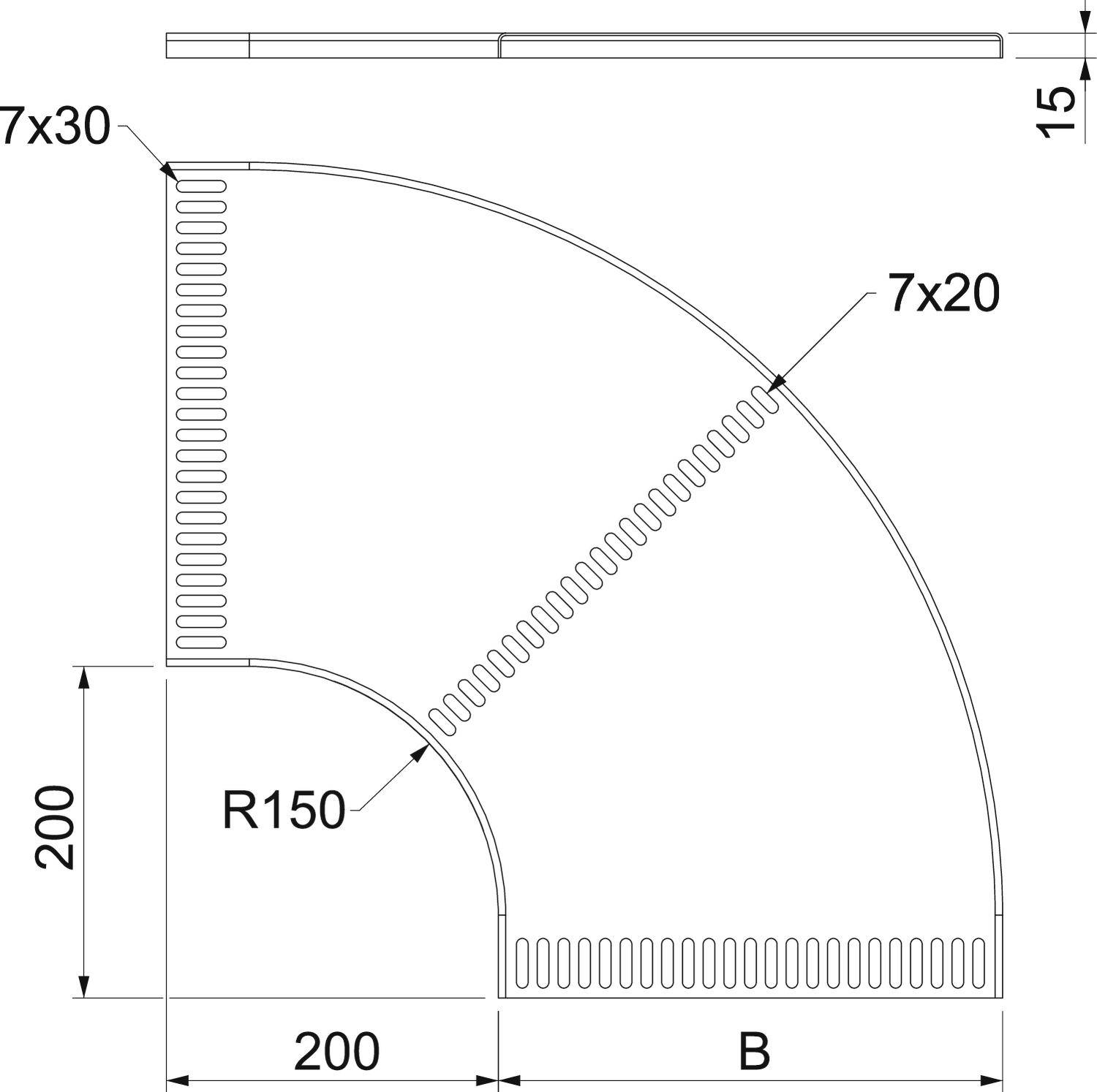 Technische Zeichnung eines Viertelkreisblechs mit Maßen: Radius 150 mm, Gesamthöhe 200 mm, Schlitze 7x30 mm und 7x20 mm.