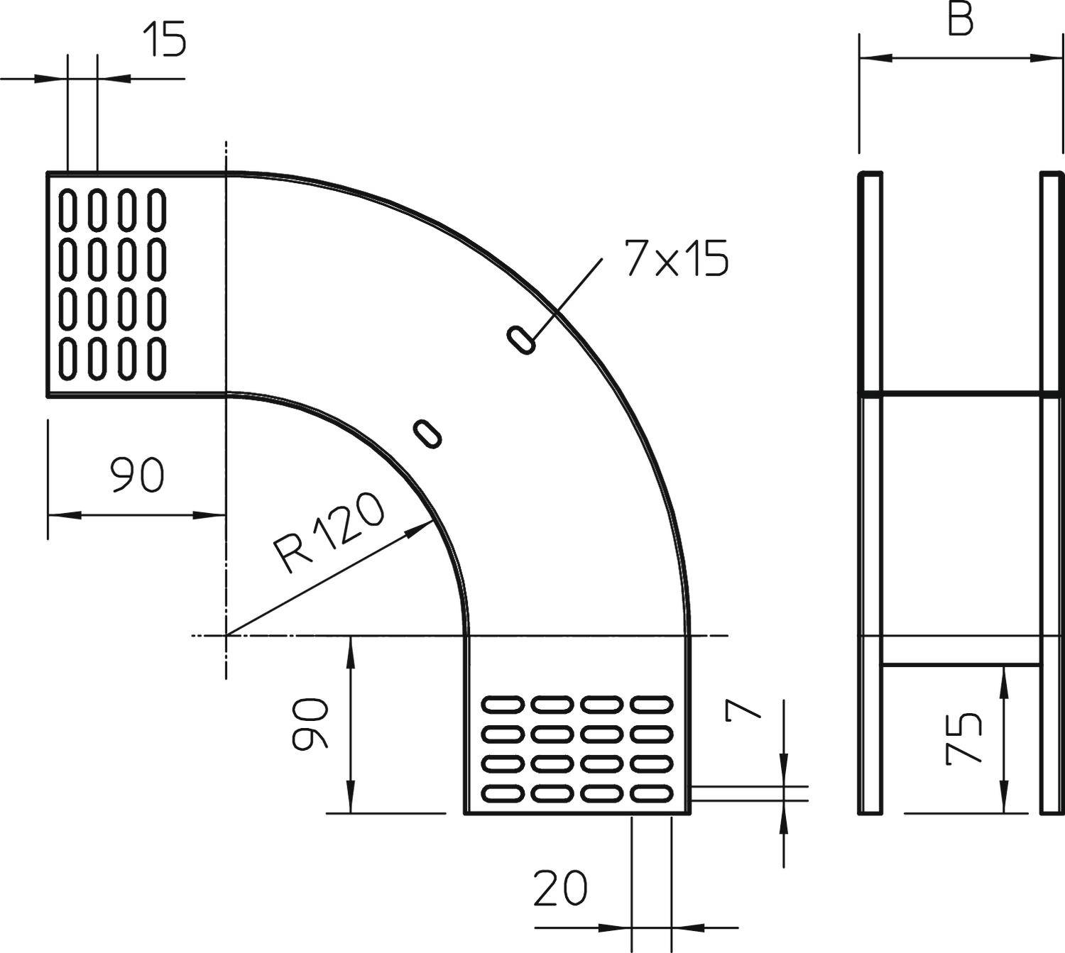 Technische Zeichnung eines gebogenen Rohrstücks mit einem Krümmungsradius von 120 mm. Maße: 90x90 mm, Lochmuster 7x15 mm, Abmessung B oben fehlt.