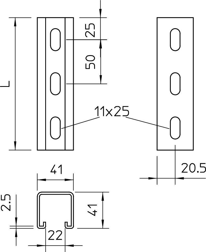 Technische Zeichnung eines Stahlprofils mit Maßen: Länge, Breite 41 mm, Lochgröße 11x25 mm, Abstand: 50 mm, Tiefe 22 mm.