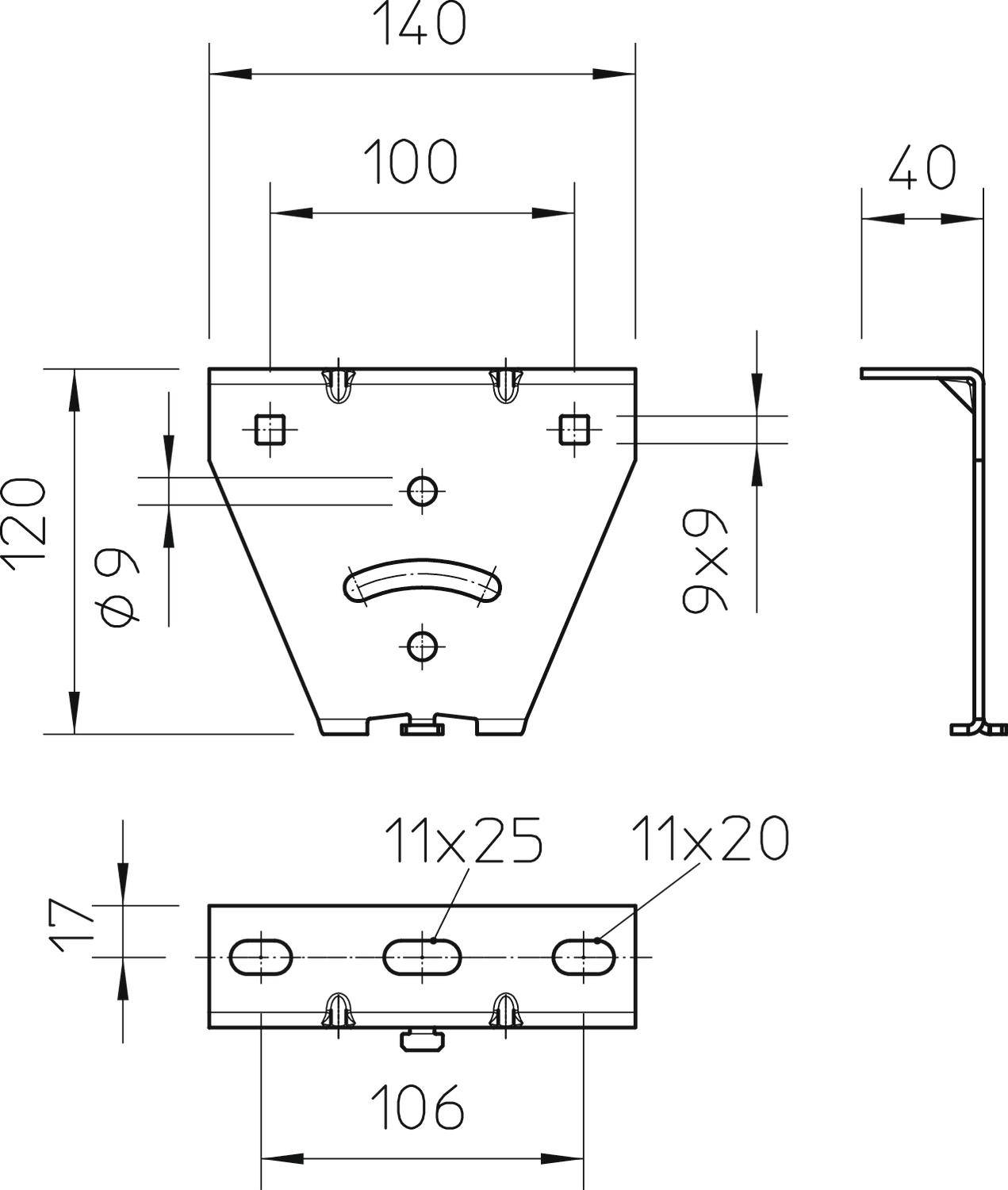 Technische Zeichnung eines metallischen Bauteils mit Maßangaben in Millimetern. Vorderansicht, Seitenansicht und Oberansicht dargestellt.