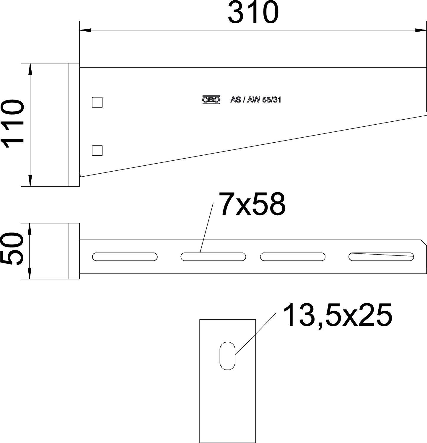 Zeichnung eines Metallwinkels mit Maßen: Länge 310 mm, Höhe 110 mm, Breite 50 mm. Lochgrößen: 7x58 mm, 13,5x25 mm.