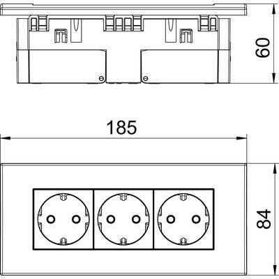 Technische Zeichnung einer dreifachen Steckdose. Maße: Breite 185 mm, Höhe 84 mm, Tiefe 60 mm. Zeigt Draufsicht und Frontalansicht.