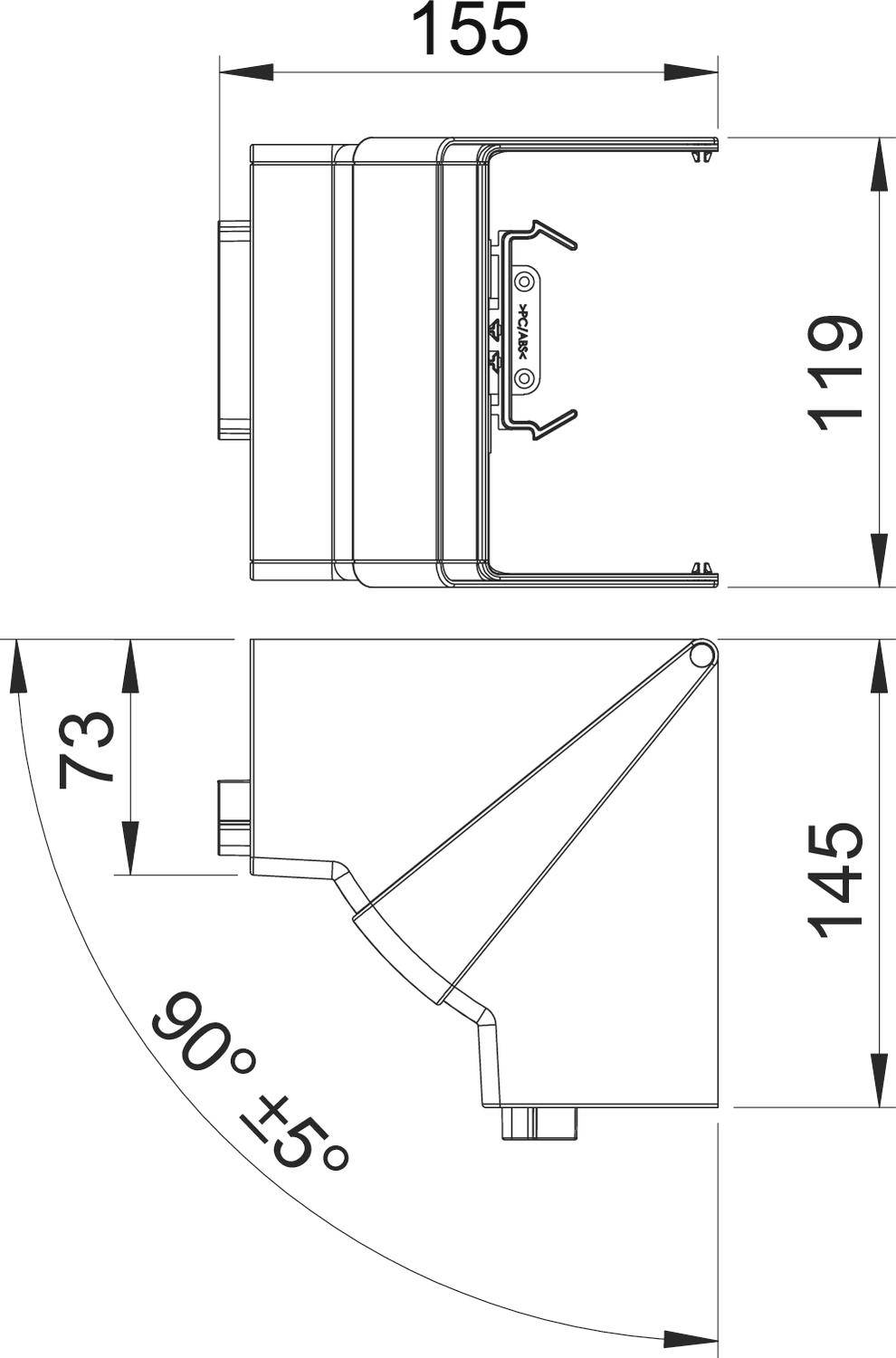 Technische Zeichnung eines elektronischen Geräts mit Abmessungen: Breite 155 mm, Höhe 119 mm, Tiefe 73 mm, Neigungswinkel 90° ±5°.