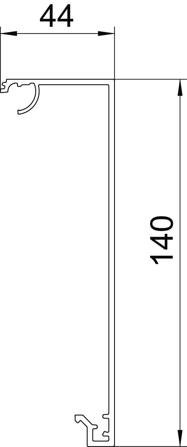 Querschnitt einer Aluminiumprofilkonstruktion mit Maßen: Breite 44 mm, Höhe 140 mm, zeigt die detaillierte Form und Struktur des Profils.