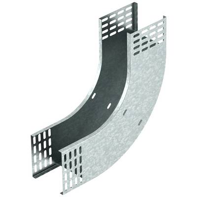 Gebogenes, verzinktes Metallprofil mit perforierten Seiten, typisch für Kabelkanalsysteme. Zeigt einen Umlenker für Kabel.