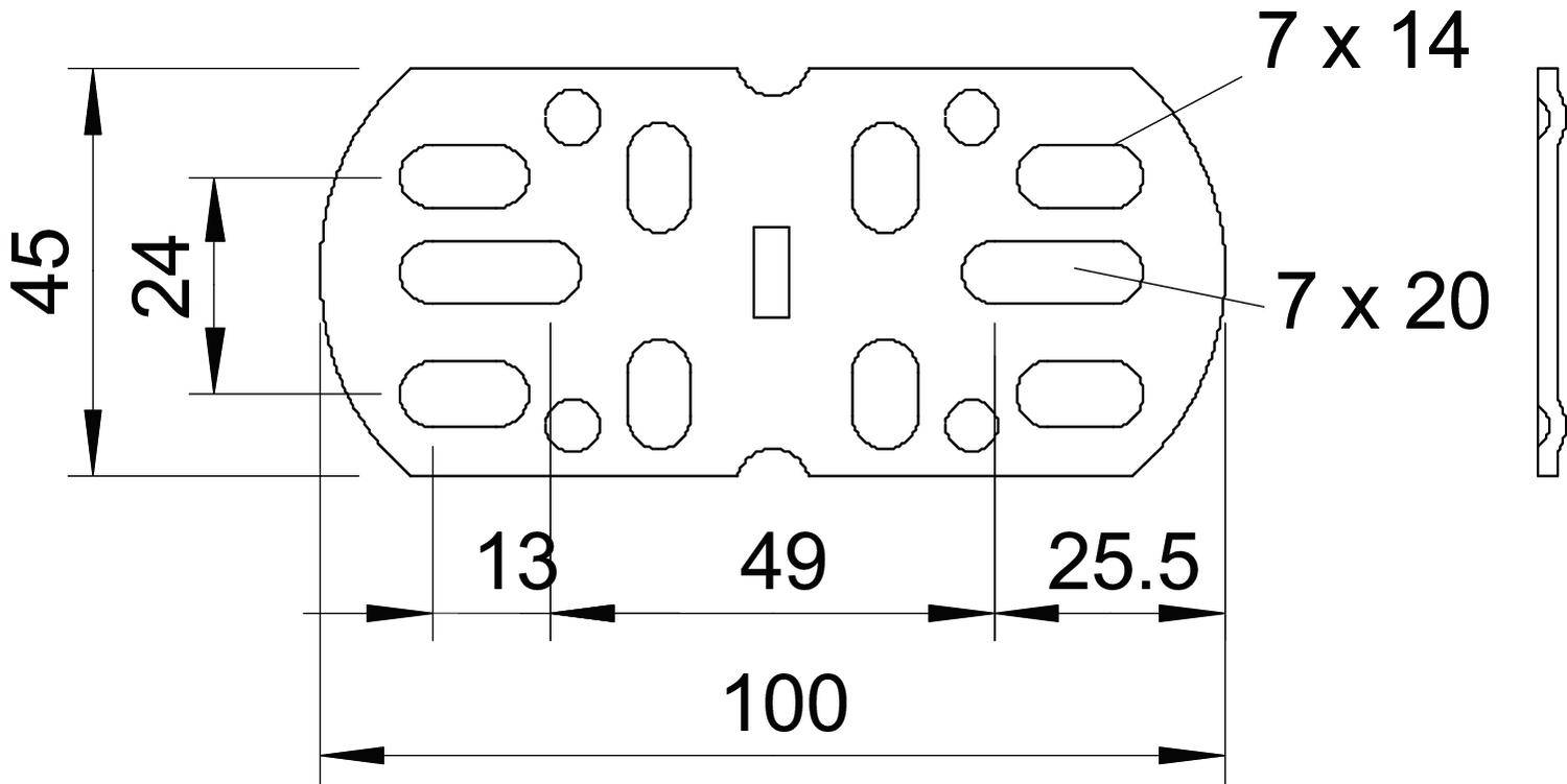 Technische Zeichnung eines rechteckigen Bauteils mit abgerundeten Ecken. Maße: Länge 100 mm, Breite 45 mm, diverse Bohrlöcher markiert.