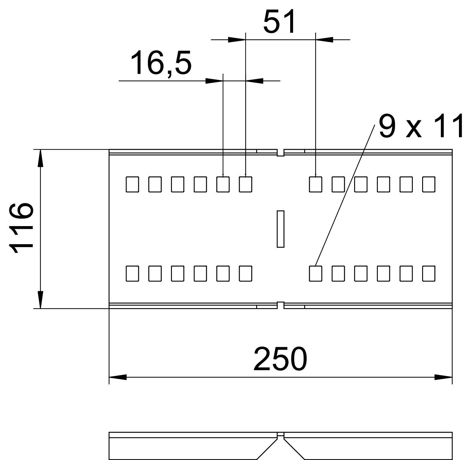 Technische Zeichnung eines rechteckigen Teils mit den Maßen: Breite 250, Höhe 116, und weiteren Dimensionen von 16,5 und 51 mm. Quadratlöcher: 9 x 11.