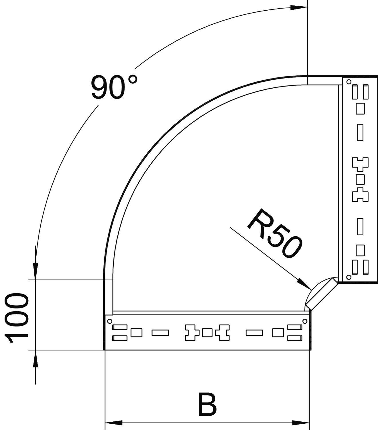 Technische Zeichnung eines 90-Grad-Winkels mit einem Radius von 50 mm, Höhe 100 mm und Breite B.
