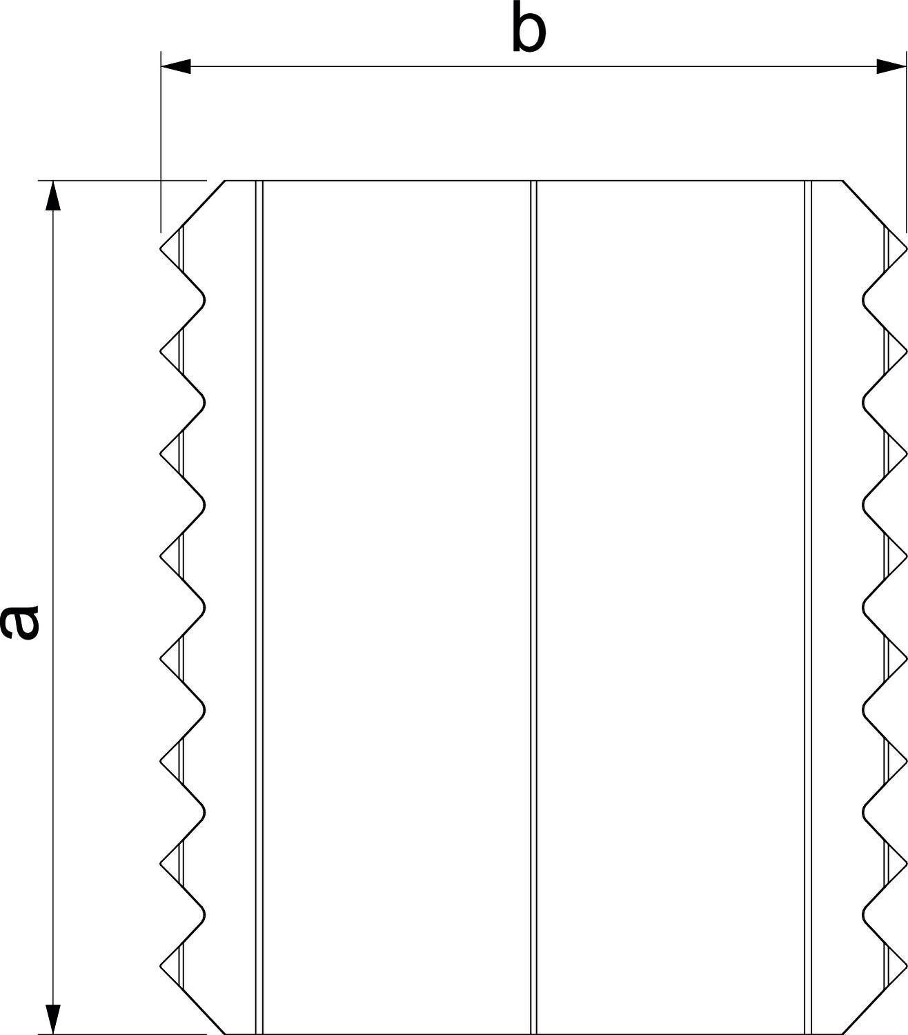 Technische Zeichnung einer zylindrischen Struktur mit Maßen 'a' und 'b', die auf eine Wellung hinweist.