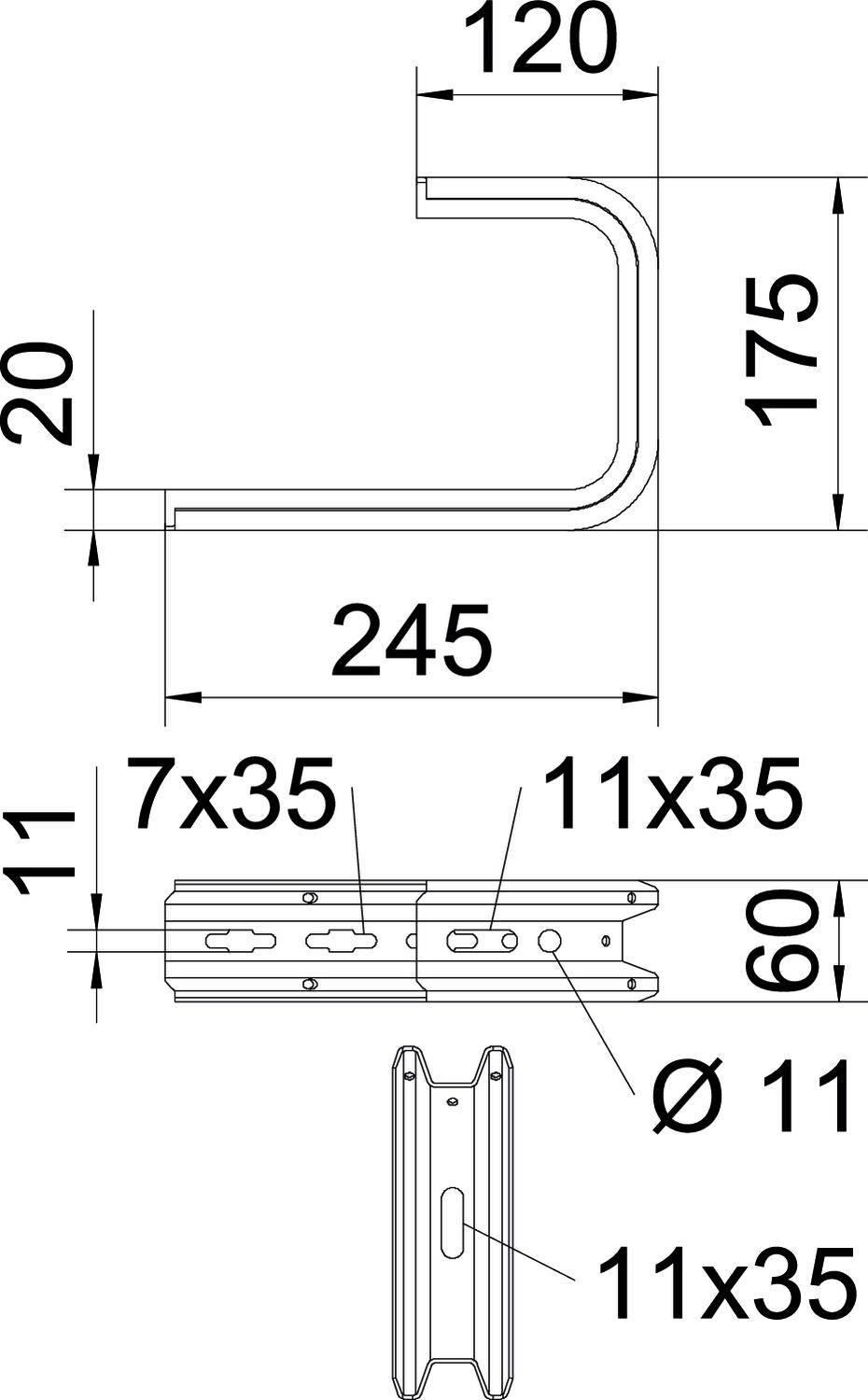 Technische Zeichnung eines Metallprofils mit Bemaßungen: Höhe 175 mm, Breite 120 mm, Gesamtbreite 245 mm, seitliche Öffnungen 11 x 35 mm.
