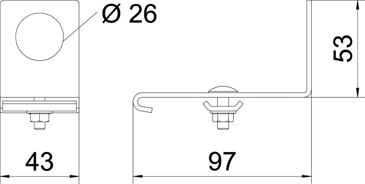 Technische Zeichnung einer Metallhalterung mit Maßen: Durchmesser 26 mm, Höhe 53 mm, Breite 43 mm, Gesamtlänge 97 mm.