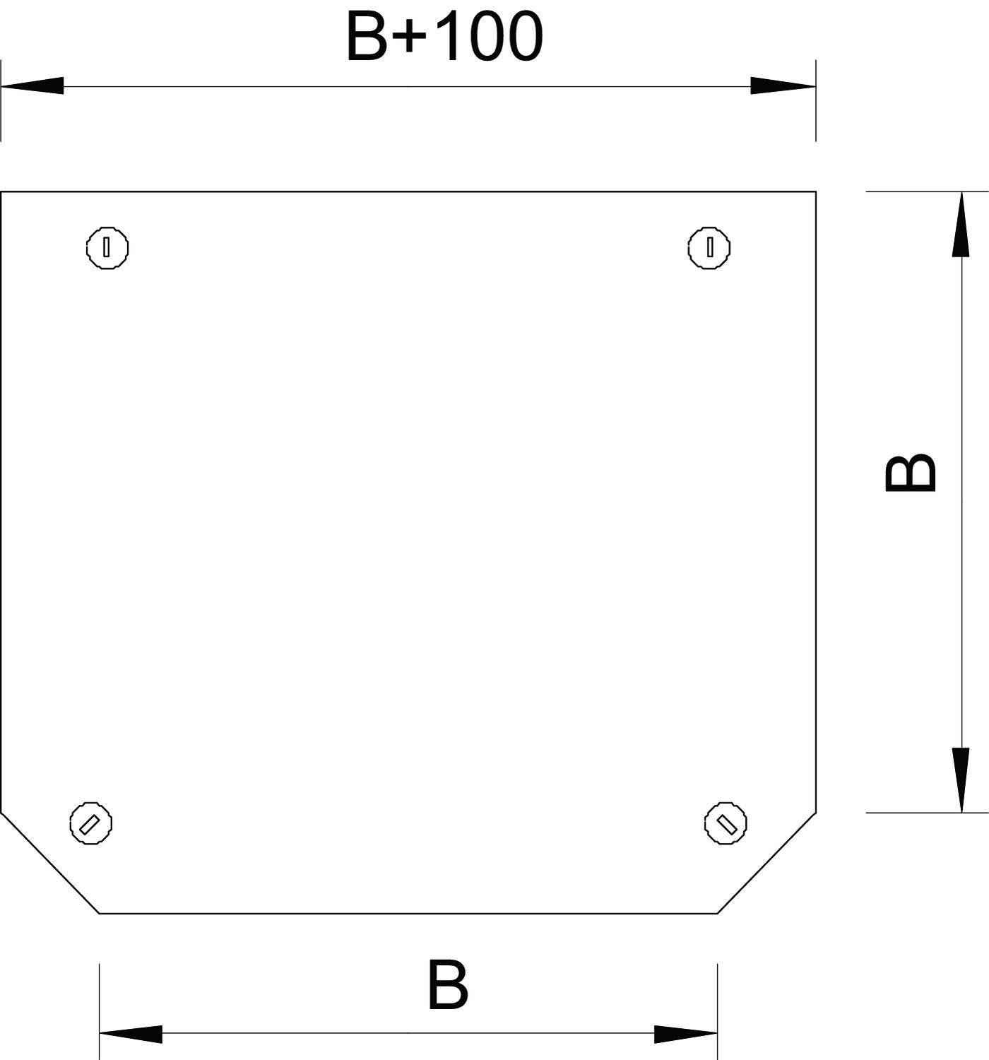 Technische Zeichnung eines rechteckigen Teils mit der Bezeichnung 'B+100' für die obere Breite. Es zeigt Bohrlöcher an den Ecken.