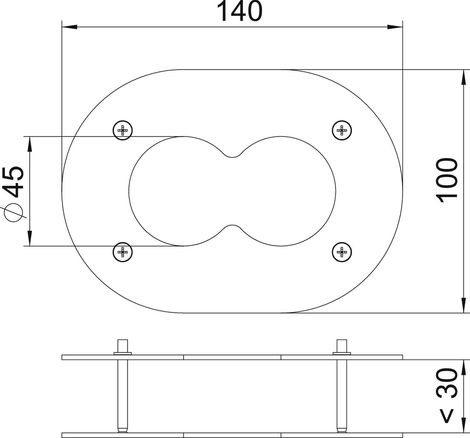Technische Zeichnung eines ovalen Metallverbinders mit Maßen: 140 mm Breite, 100 mm Höhe, Bohrungen Ø 45 mm. Profilansicht unten.