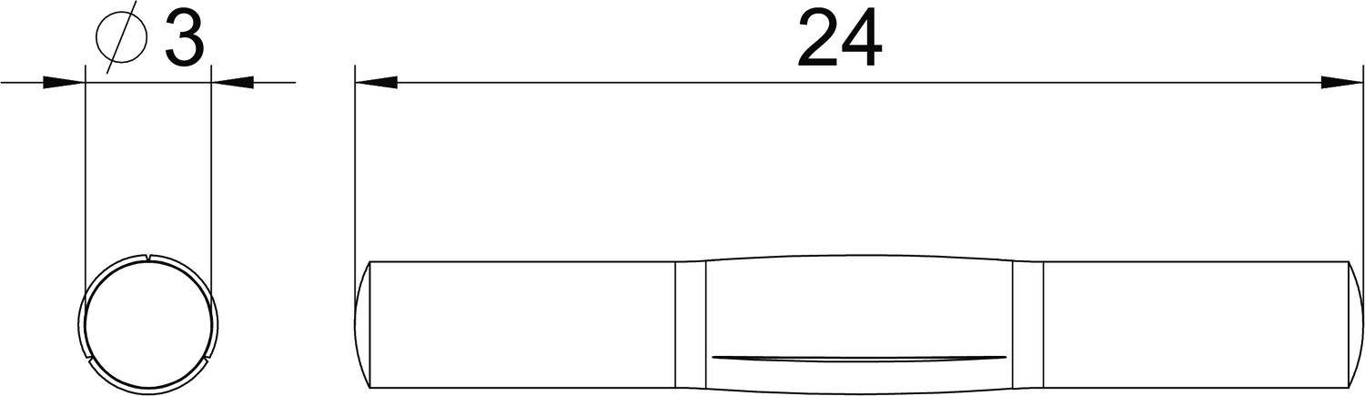 Technische Zeichnung mit Maßen. Ein zylindrisches Objekt mit 24 Einheiten Länge, Enden mit 3 Einheiten Durchmesser.