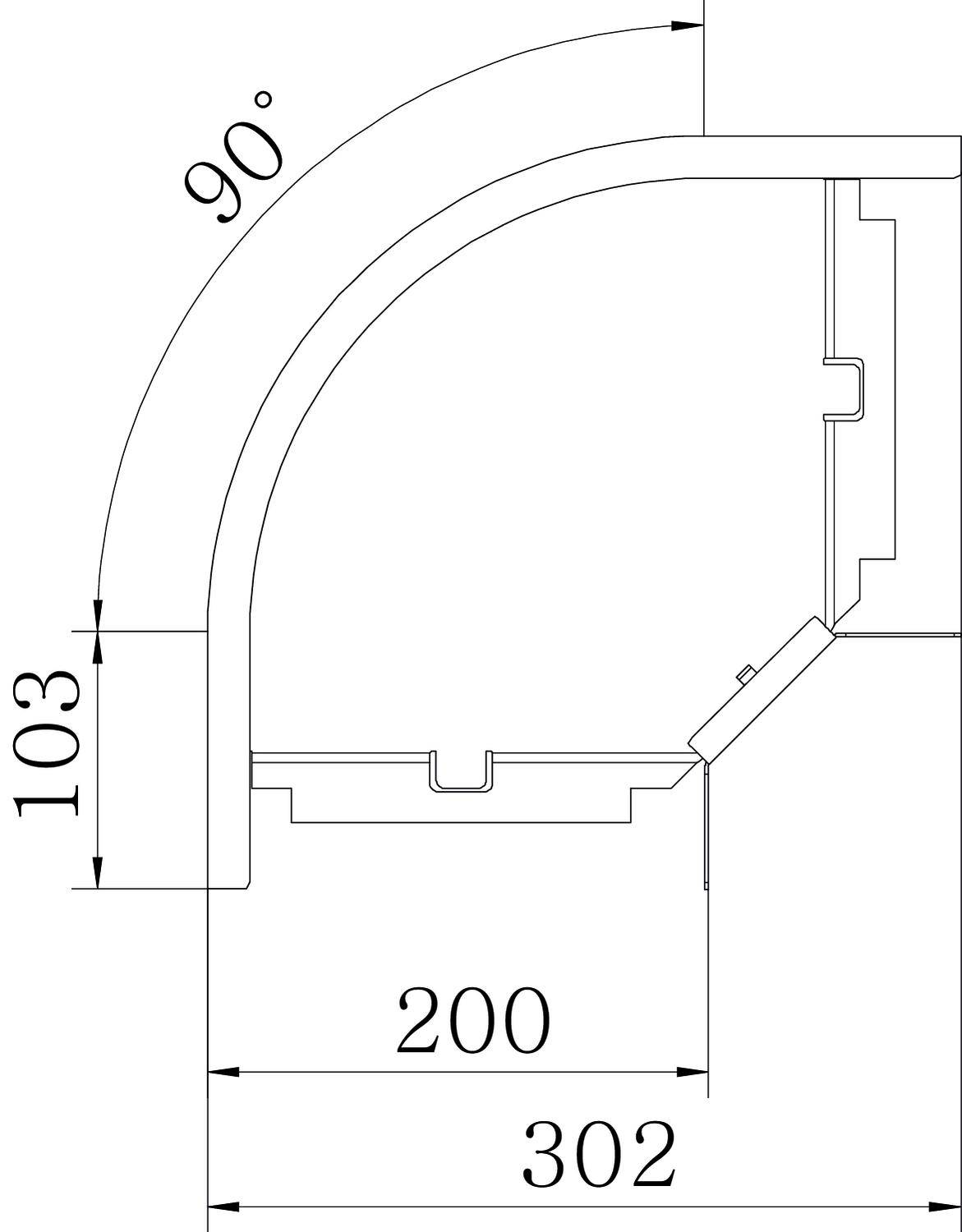 Technische Zeichnung eines 90-Grad-Winkelstücks mit klaren Abmessungen: Höhe 103 mm, Tiefe 302 mm, Breite 200 mm.