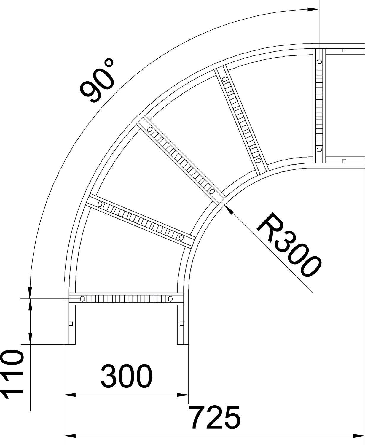 Technische Zeichnung eines 90-Grad-Kabelkanals. Radius R300, Gesamtdurchmesser 725 mm, Breite 300 mm, Höhe 110 mm.