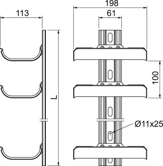 Technische Zeichnung eines Metalldrehscharniers mit Abmessungen: 113 mm Breite, 198 mm Höhe, Bohrungen Ø11x25 mm, Längenangabe 'L'.