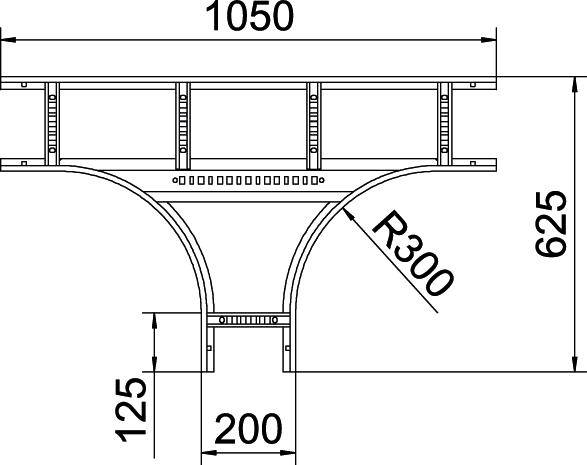 Technische Zeichnung eines Stahlträgers mit Maßen: Breite 1050, Höhe 625, Ausbuchtung mit Radius 300 und unterem Bereich 125 hoch, 200 breit.