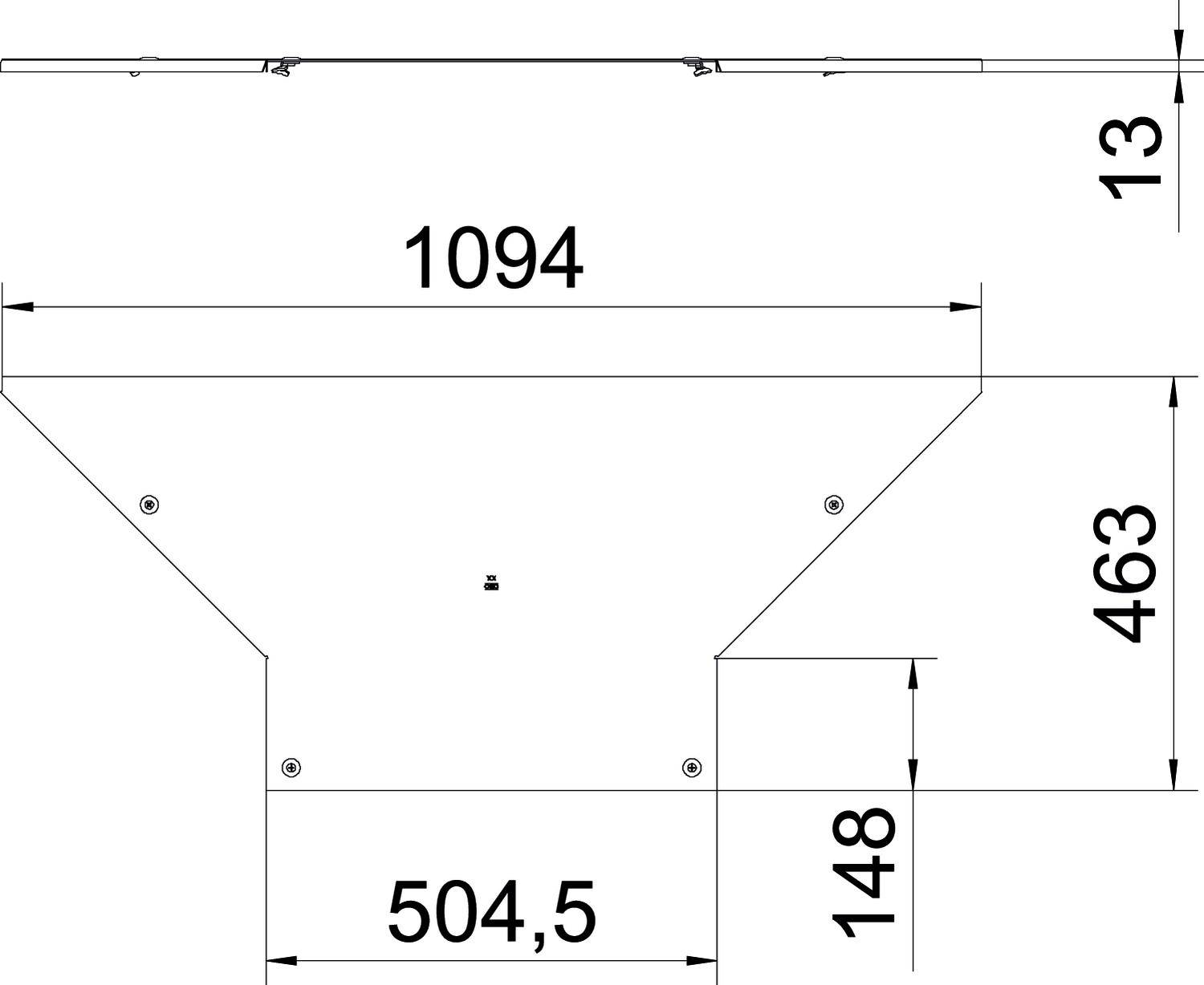 Technische Zeichnung eines Metalls mit Maßen: Breite 1094 mm, Höhe 504,5 mm im unteren Teil, Gesamthöhe 463 mm. Rechteckige Form.