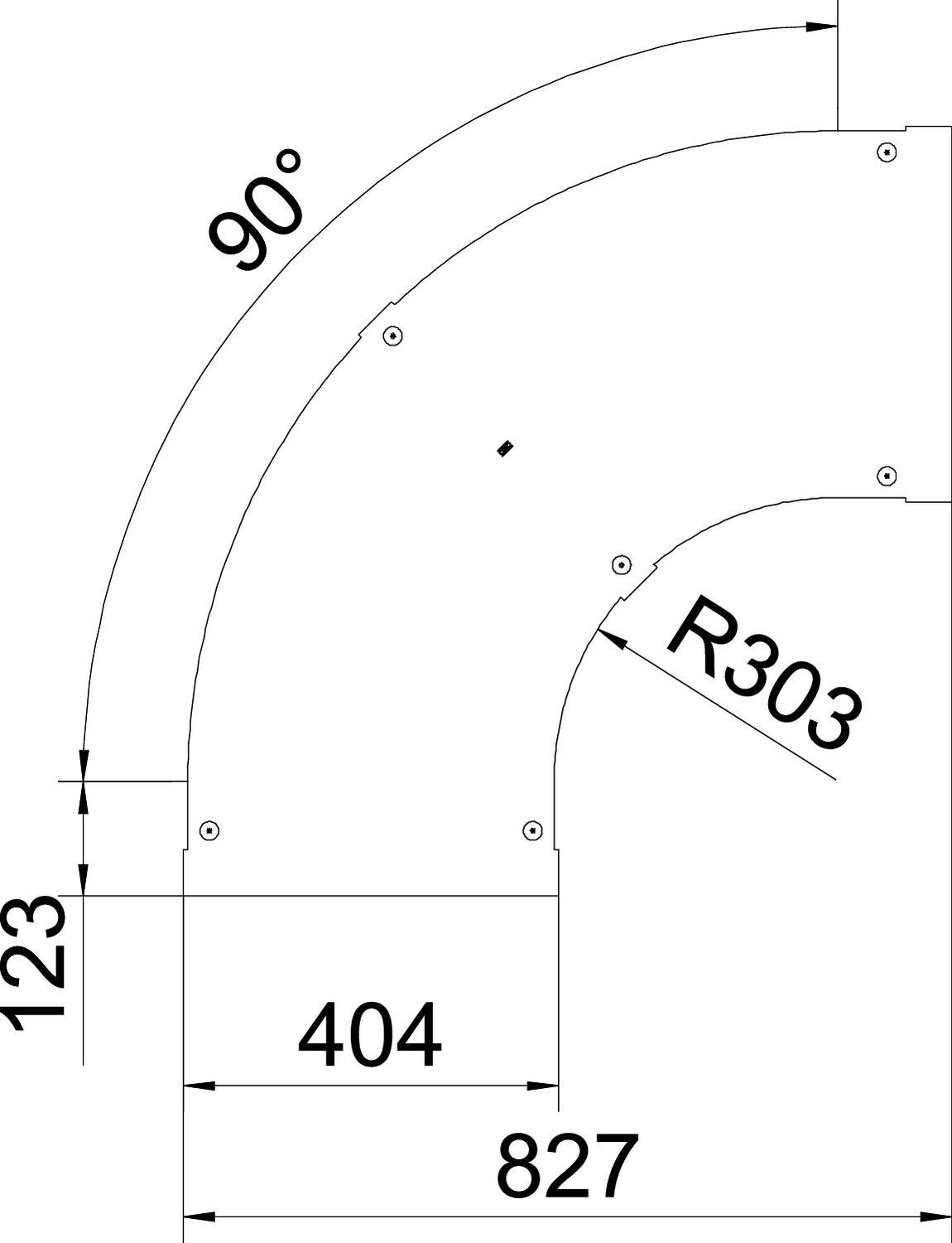 Schema einer 90-Grad-Kurve mit Radienangabe R303, Gesamtbreite 827, Höhe 123 und Abstand 404 von der Biegung.
