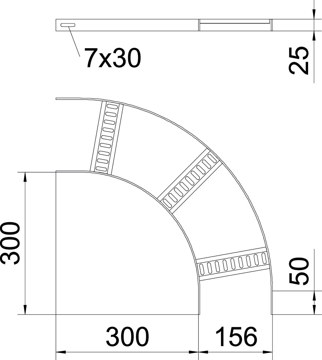 Diagramm eines abgerundeten Wandelements mit Maßen: Gesamthöhe 300, Breite 300, Radius 156, seitlich 50, Details 7x30, Höhe 25.