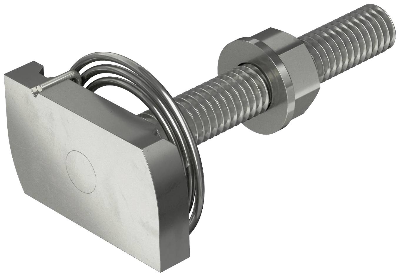 Metallschraube mit quadratischem Kopf und Feder, industrielles Verbindungselement.