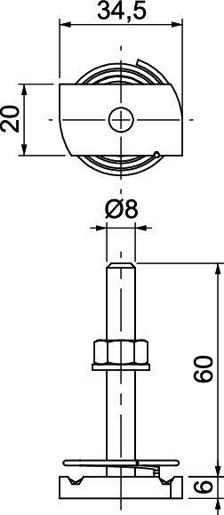 Technische Zeichnung eines Drehknopfes mit Maßen: Durchmesser 34,5 mm, Höhe 60 mm, Schraubendurchmesser 8 mm.