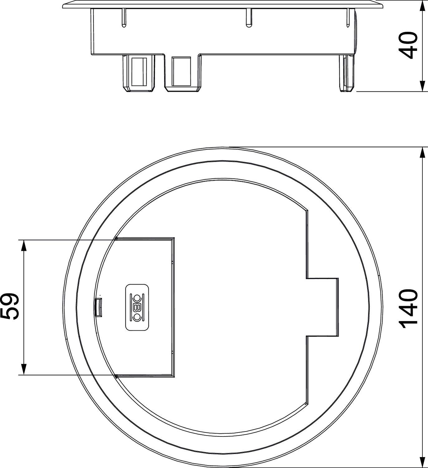 Technische Zeichnung eines kreisförmigen Objekts mit Maßen: Durchmesser 140 mm, Höhe 40 mm. Vorderansicht zeigt Detailbereich von 59 mm.