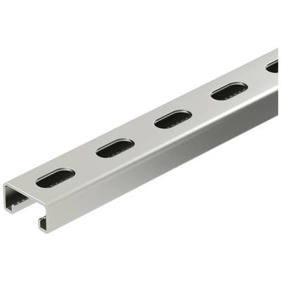 Ein silberner Metallträger mit regelmäßigen ovalen Löchern entlang der Mitte. Verwendet zur Befestigung und Unterstützung in Bauprojekten.