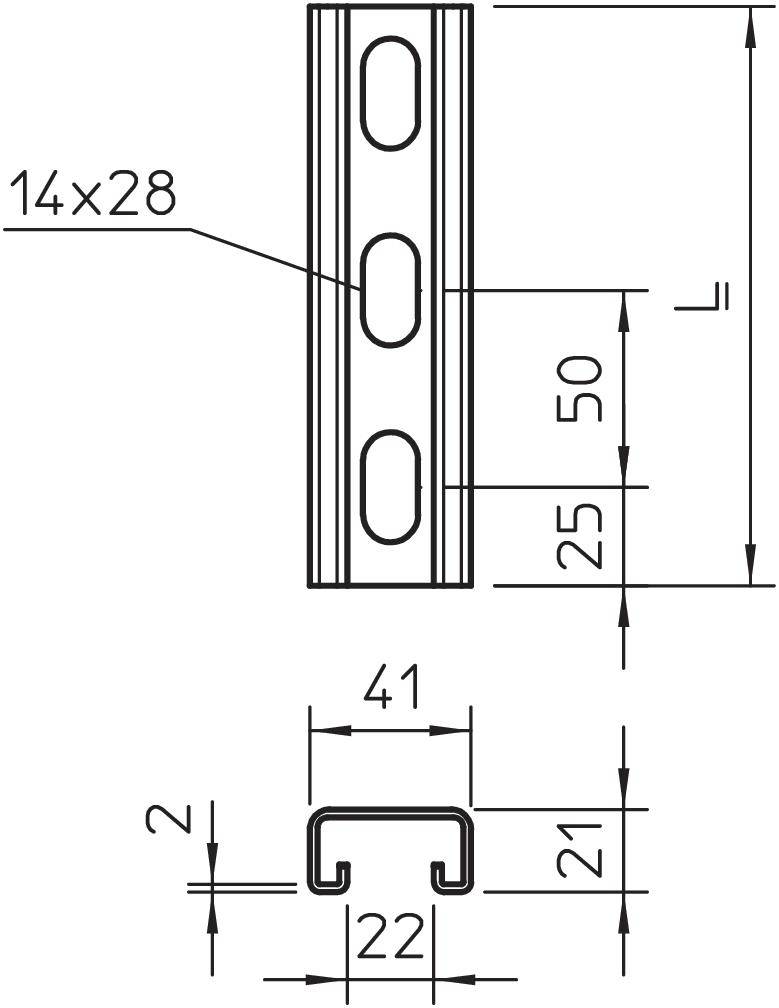 Technische Zeichnung eines Profils mit Schlitzen 14x28 mm. Maße: Breite 41 mm, Höhe 50 mm, Schlitze im Abstand von 25 mm.