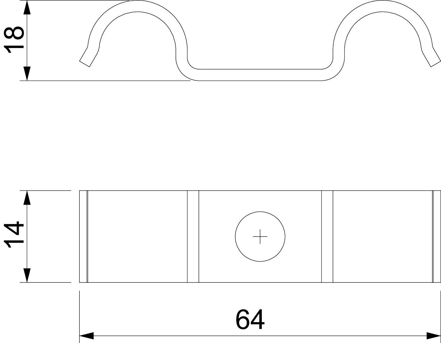 Technische Zeichnung eines Befestigungselements. Oben ist die Seitenansicht, unten eine Frontansicht mit Maßen: 18, 14, 64.