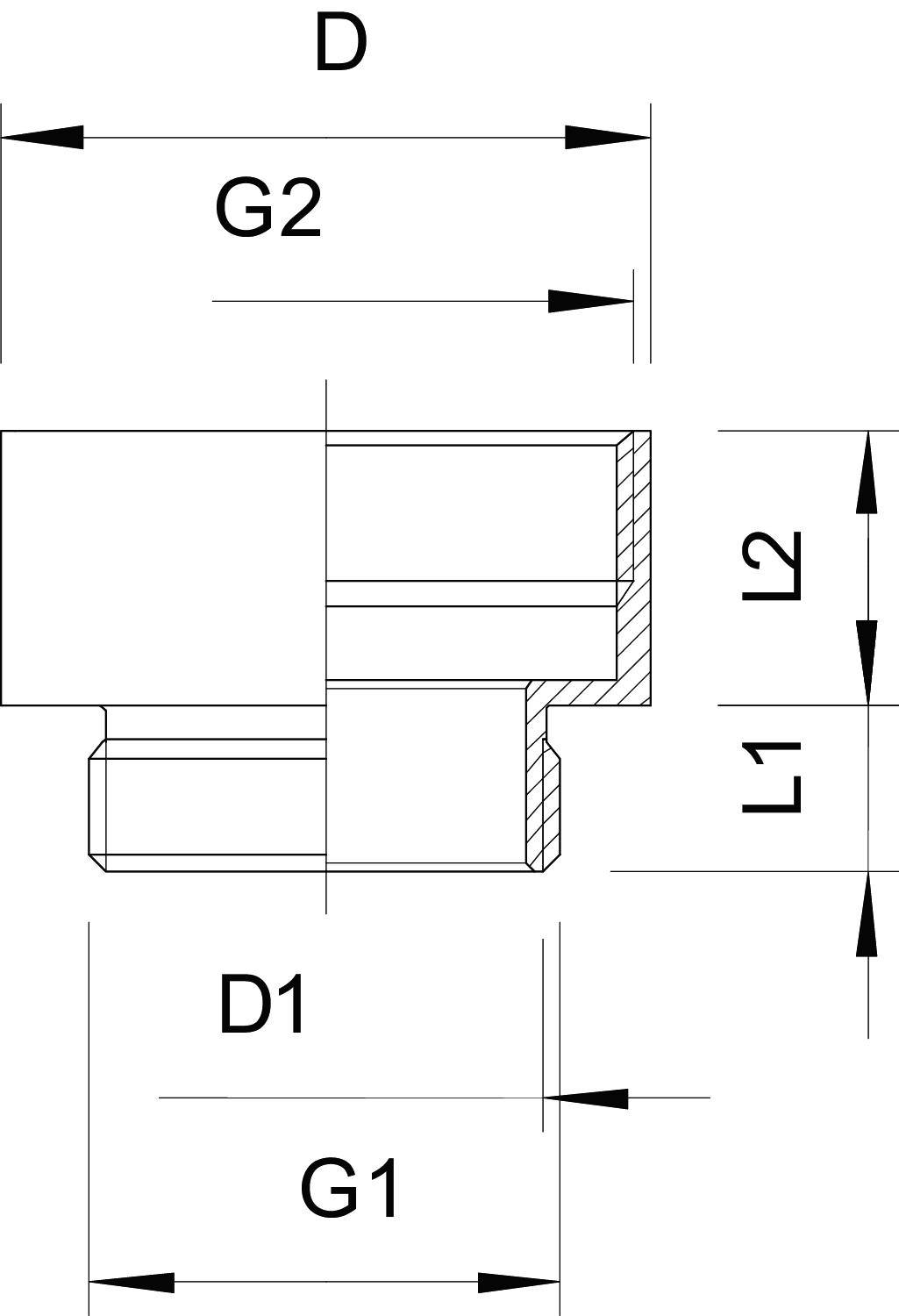 Technische Zeichnung eines Rohrfittings mit Beschriftungen: G2, D, D1, G1, L1, L2. Zeigt Durchmesser, Länge und Verbindungspunkte.