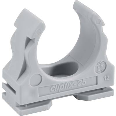 Grauer Rohrhalter mit Aufschrift 'clipfix-25'. Kunststoffmaterial, geeignet zur Befestigung von Rohren.