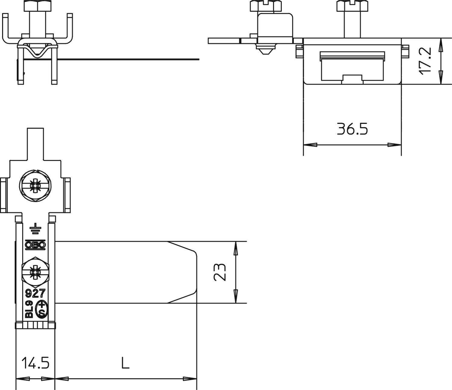Technische Zeichnung eines Bauteils mit Maßen in Millimetern. Details zeigen Seiten- und Vorderansichten mit spezifischen Abständen.