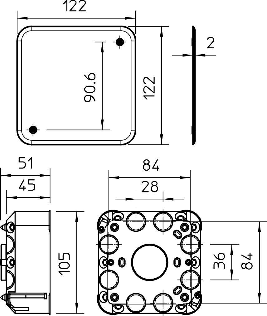 Technische Zeichnung eines quadratischen Geräts mit Maßen: 122x122 mm Oberfläche, 2 mm Dicke, 90,6 mm Innenabstand. Anschlüsse unten.