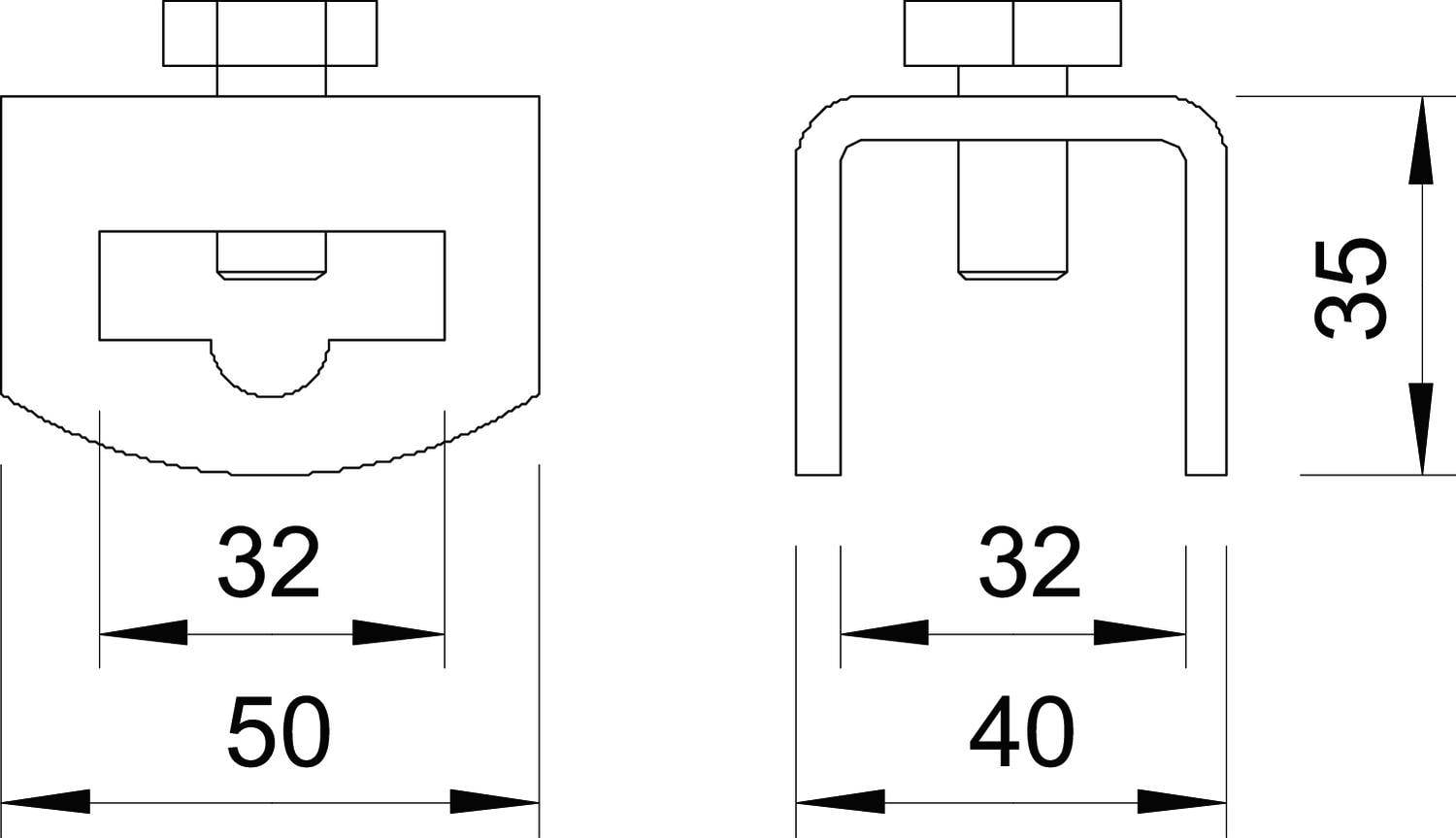 Technische Zeichnung von zwei Metallklammern mit Maßen. Die linke Klammer zeigt Breiten von 32 und 50 mm, die rechte von 32 und 40 mm. Höhe ist 35 mm.