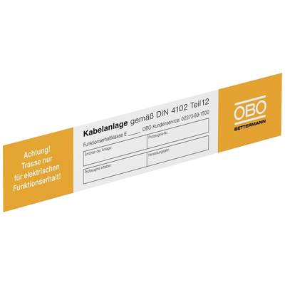 'Achtung! Trasse nur für elektrischen Funktionserhalt!' und 'Kabelanlage gemäß DIN 4102 Teil12' mit OBO BETTERMANN Logo.