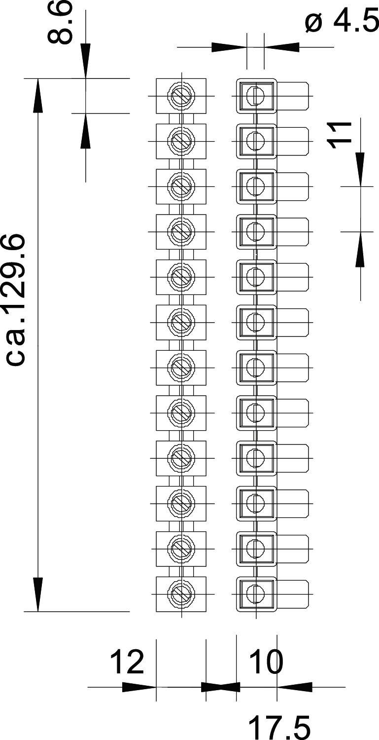 Technische Zeichnung: Zwei Reihen elektrischer Anschlussklemmen mit Maßangaben in mm. Gesamtlänge ca. 129,6 mm, Breite 17,5 mm.