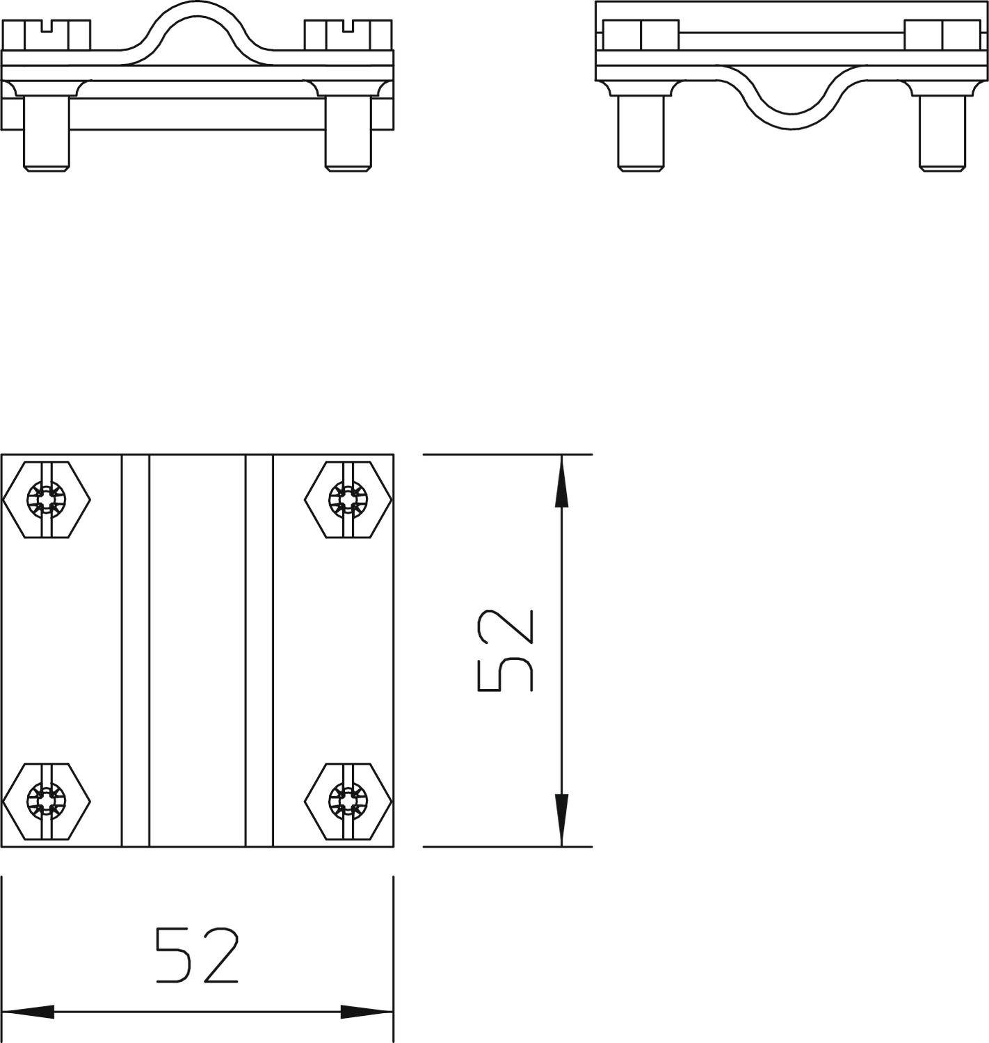 Technische Zeichnung eines Bauteils mit zwei Ansichten. Maße sind 52 mm x 52 mm, inkl. Schraubenlöcher an den Ecken.