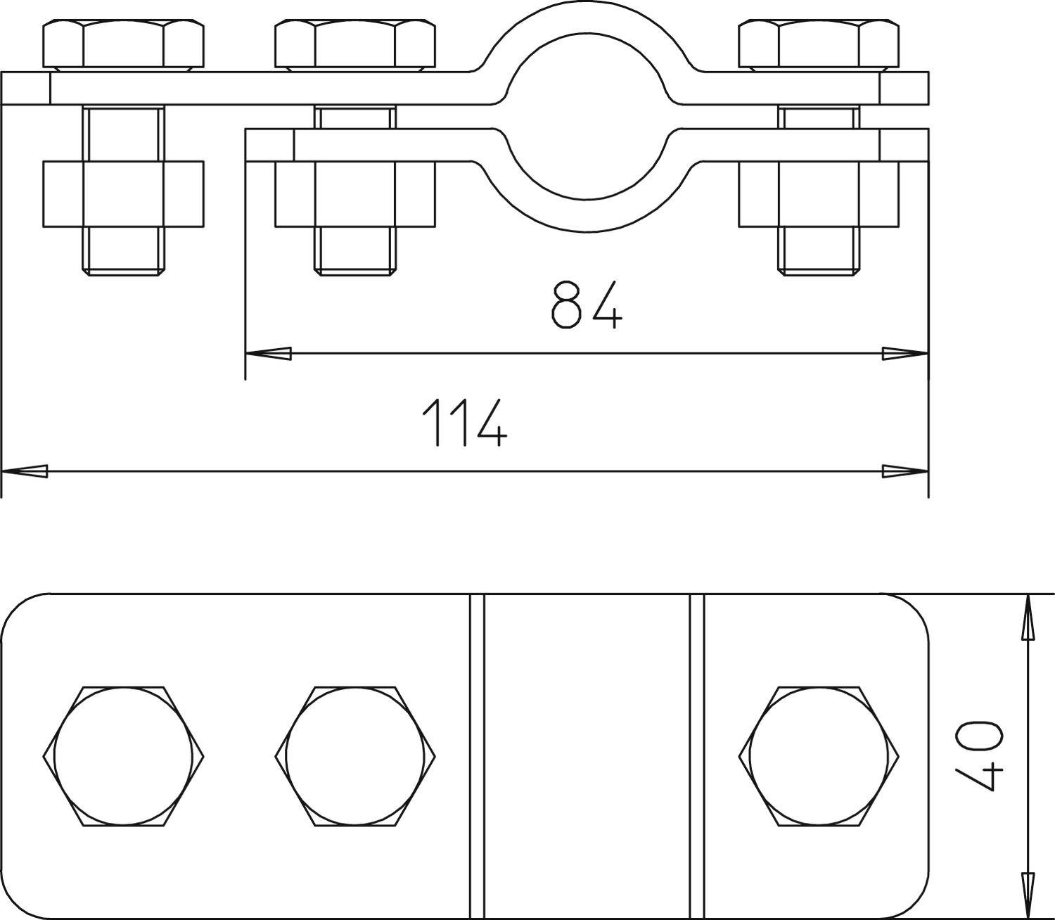 Technische Zeichnung einer Rohrschelle mit Maßen: 114 mm Länge, 40 mm Höhe. Zwei Schrauben oben, zwei unten.