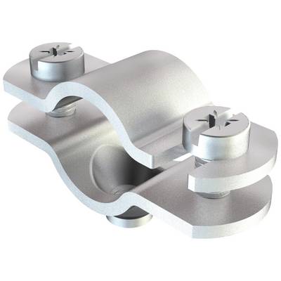 Metallschelle mit zwei Schrauben, die zwei Rohre im 90-Grad-Winkel verbindet. Verwendet zur Befestigung oder Sicherung von Bauteilen.