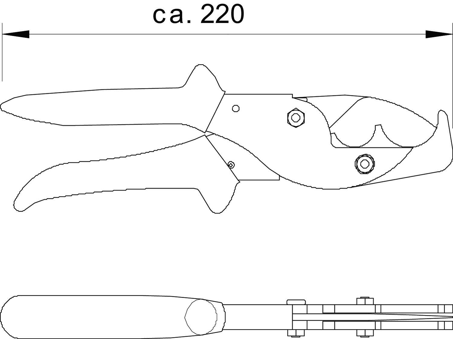 Zeichnung einer Zange mit Maßen von ca. 220 mm, seitliche Ansicht oben, Draufsicht unten.