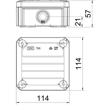 Technische Zeichnung einer quadratischen Anschlussdose mit den Maßen 114 mm x 114 mm x 57 mm, Schutzart IP66, Spannung 500 V.