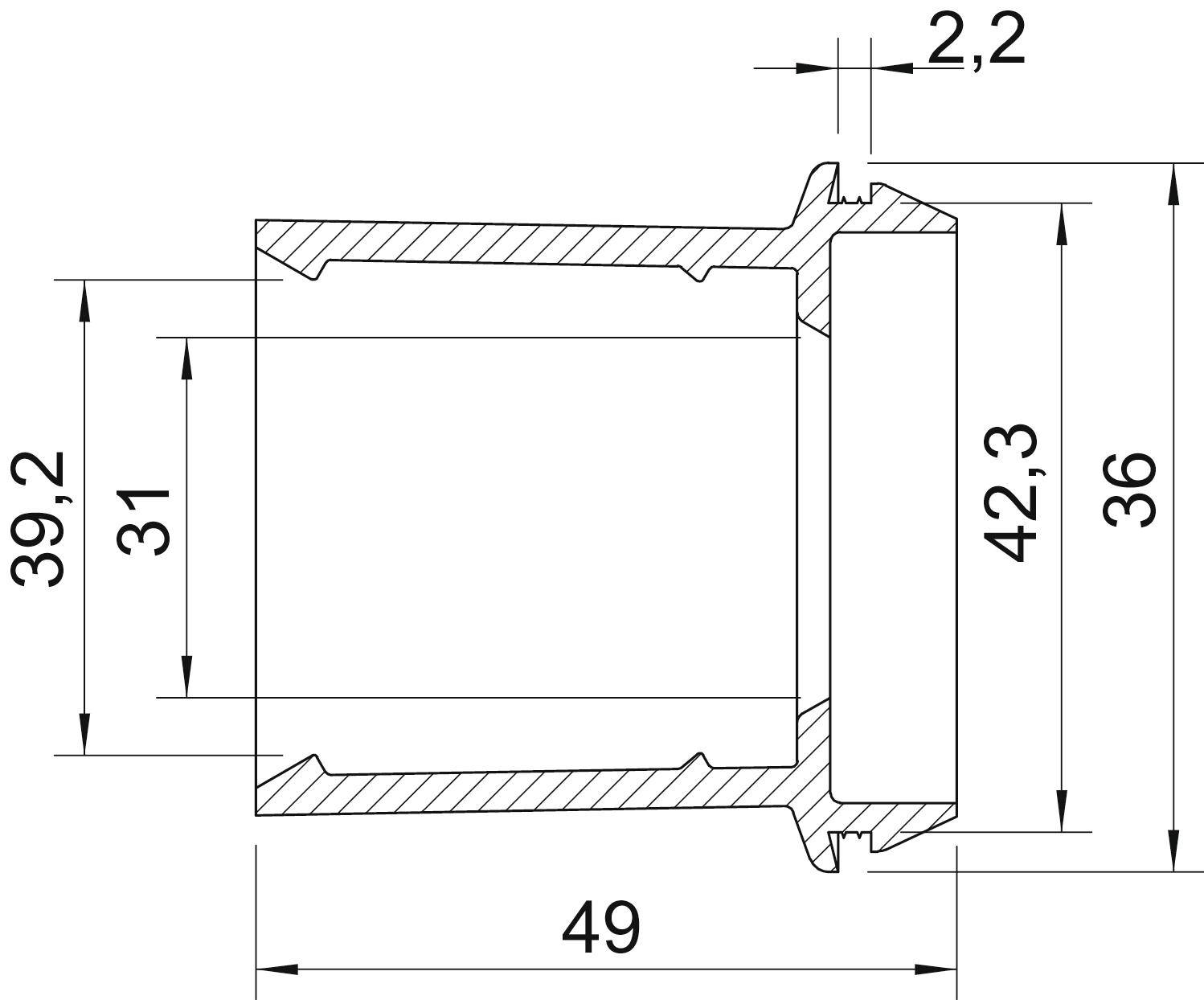 Querschnitt einer mechanischen Komponente mit Maßangaben. Durchmesser 49, Höhe 36, weitere Maße 39,2, 31, 42,3 und 2,2 mm.